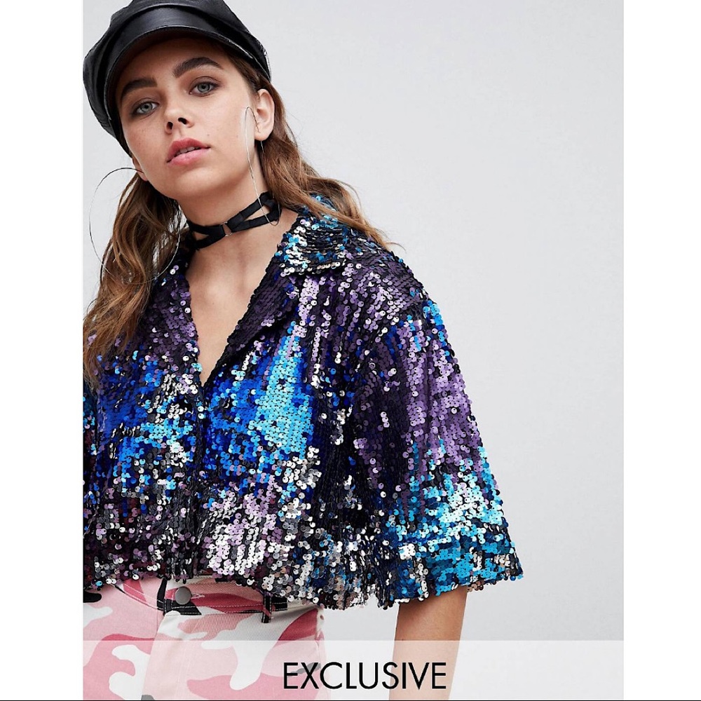 One Above Another Cropped Shirt in Rainbow Sequins